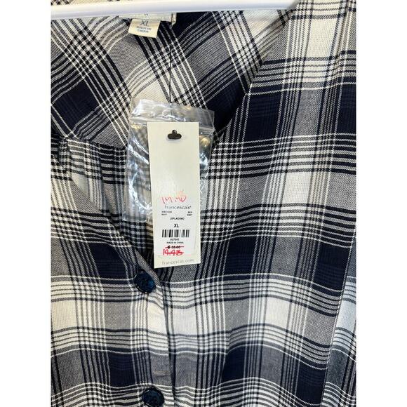 NWT Francesca's Blue Rain Women LS XL Top Navy Blue White Plaid Blouse - Picture 3 of 8